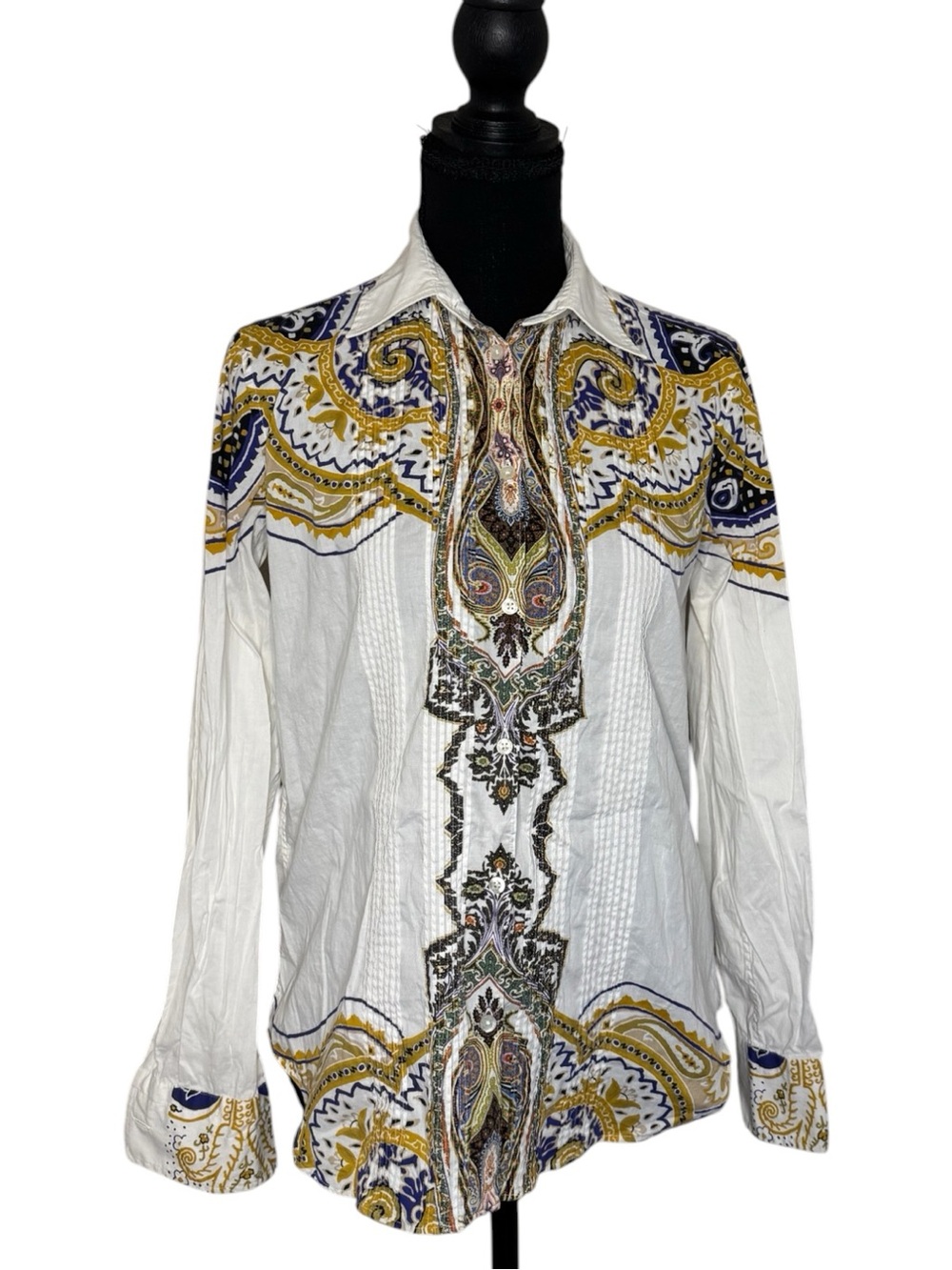 Etro White Paisley-Print Button-Front Shirt with Gold & Blue Accents